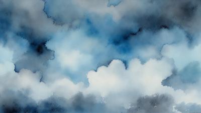 The primary subject of the image is a cloudy sky with a blue background. The setting is a cloudy day, and the visual style is a painting or drawing. The colors and mood of the image are predominantly blue and cloudy, creating a serene and moody atmosphere.