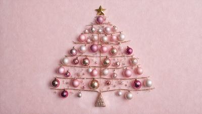 The primary subject of the image is a pink Christmas tree decorated with pink and gold ornaments. The tree is adorned with various pink and gold beads, creating a festive and elegant appearance. The setting is a pink background, which complements the color scheme of the tree. The visual style of the image is a combination of digital art and illustration, showcasing the intricate details of the ornaments and the overall design of the tree. The colors and mood of the image are predominantly
