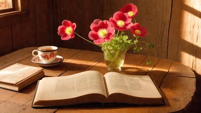 The primary subject of the image is a book, which is open and placed on a wooden table. The setting is a cozy and warm environment, with a vase of flowers nearby, adding a touch of natural beauty to the scene. The visual style is a realistic representation of the book and the flowers, creating a sense of depth and detail. The colors and mood of the image are predominantly warm and inviting, with the flowers and the book's pages contributing to the overall atmosphere.