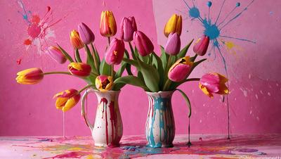 The primary subject of the image is a vase filled with pink and yellow tulips. The vase is placed on a table, which is covered with a pink and blue tablecloth. The setting appears to be a home or a cozy space, as the flowers are arranged in a casual manner. The visual style of the image is a close-up of the vase and the flowers, showcasing the vibrant colors and details of the tulips. The overall atmosphere of the image is warm and