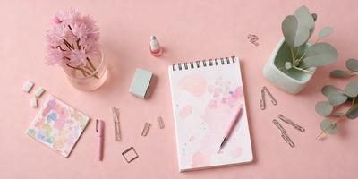 The primary subject of the image is a notebook with a pink cover, placed on a pink surface. The notebook is filled with watercolor paintings, and it appears to be a creative and artistic scene. The setting is a pink table, which adds to the overall atmosphere of the image. The visual style is a combination of artistic elements, such as the watercolor paintings and the notebook, creating a unique and personalized appearance.