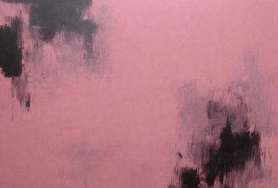 The primary subject of the image is a pink background with a blurry, abstract painting on it. The setting is a room with a pink wall, and the visual style is a combination of painting and digital art. The dominant colors are pink and red, creating a warm and inviting atmosphere.