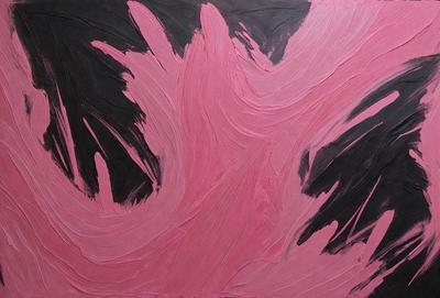 The primary subject of the image is a painting of a pink and black abstract figure. The setting is a canvas, and the visual style is a painting. The dominant colors in the painting are pink and black, creating a bold and striking visual effect. The overall atmosphere of the painting is dynamic and engaging, inviting the viewer to explore the intricate details and patterns within the abstract figure.