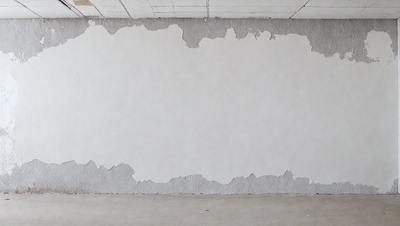 The primary subject of the image is a large, white wall with peeling paint. The setting is a room with a cement floor. The visual style is a photo of the wall, showcasing the peeling paint and the overall atmosphere is one of deterioration and neglect.