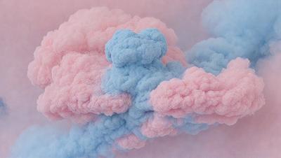 The primary subject of the image is a cloud made of cotton candy, which is a creative and whimsical representation of a cloud. The setting is a pink and blue sky, which adds a vibrant and colorful backdrop to the scene. The visual style of the image is a combination of photo and digital art, creating a unique and artistic representation of a cloud. The dominant colors in the image are pink and blue, which evoke a sense of warmth and playfulness.