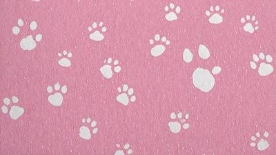 The primary subject of the image is a pattern of white paw prints on a pink background. The setting is a pink surface, which could be a wallpaper or a piece of fabric. The visual style is a combination of digital art and illustration, creating a unique and eye-catching design. The colors and mood of the image are predominantly pink and white, giving it a warm and inviting atmosphere.