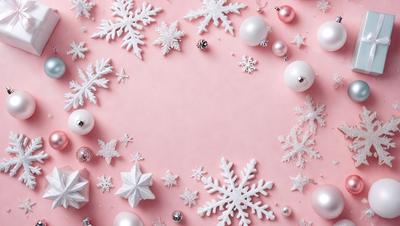 The primary subject of the image is a pink background with a white snowflake pattern. The setting is a pink surface, and the visual style is a combination of digital art and illustration. The dominant colors are pink and white, creating a warm and inviting atmosphere.