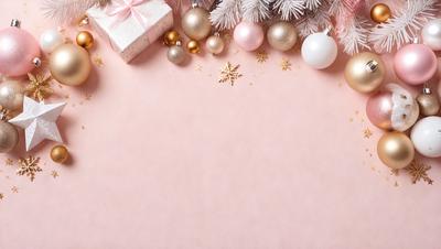 The primary subject of the image is a pink background with various ornaments and decorations. The setting includes a pink surface, and the visual style is a combination of photo and digital art. The colors and mood of the image are predominantly pink, creating a warm and inviting atmosphere.