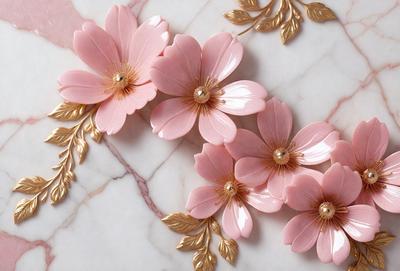 The primary subject of the image is a group of pink flowers with gold accents. The flowers are arranged in a bouquet and are placed on a marble surface. The setting appears to be a decorative arrangement, possibly for a special event or occasion. The visual style of the image is a combination of realistic and artistic elements, with the flowers and marble surface creating a sense of elegance and sophistication. The colors and mood of the image are predominantly pink and gold, which evoke feelings
