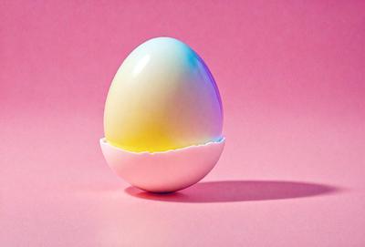 The primary subject of the image is a white egg with a yellow yolk, sitting on a pink surface. The egg appears to be in a shell, and the yolk is visible through a crack in the shell. The setting is a pink background, which adds a vibrant and warm atmosphere to the scene. The visual style of the image is a close-up of the egg, emphasizing its details and texture.