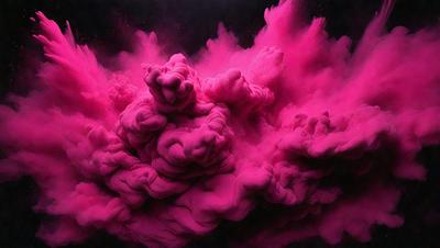 The primary subject of the image is a large, pink, swirling cloud. The cloud is the main focus of the image, and it appears to be a digital art or illustration. The setting is a dark background, which contrasts with the bright pink color of the cloud. The overall atmosphere of the image is vibrant and dynamic, with the pink cloud taking center stage.