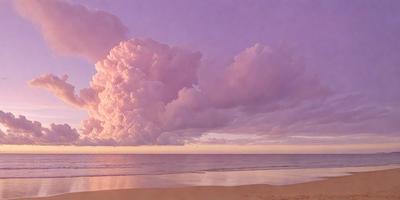 The primary subject of the image is a large, pink cloud hovering over the ocean. The setting is a beach, with the ocean visible in the background. The visual style of the image is a photo, capturing the beauty of the cloud and its surroundings. The colors and mood of the image are predominantly pink, creating a serene and peaceful atmosphere.