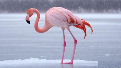 The primary subject of the image is a pink flamingo standing on a frozen lake. The flamingo is the main focus of the image, and it appears to be the only living creature in the scene. The setting is a frozen lake, which provides a stark contrast to the flamingo's vibrant pink color. The visual style of the image is a photo, capturing the flamingo in its natural habitat. The colors and mood of the image are predominantly cold and wintry,