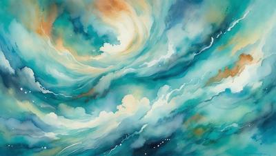 The primary subject of the image is a painting of a cloudy sky. The setting is a blue and white ocean, with a few clouds scattered throughout the scene. The visual style is a watercolor painting, which gives the image a vibrant and lively atmosphere. The dominant colors are blue and white, with some shades of gray and orange from the clouds.