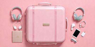 The primary subject of the image is a pink suitcase. The setting is a pink background, which creates a visually appealing contrast with the suitcase. The visual style is a photo, capturing the details of the pink suitcase. The colors and mood of the image are predominantly pink, giving it a warm and inviting atmosphere.