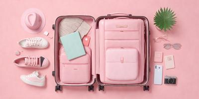 The primary subject of the image is a pink suitcase, which is open and filled with various items. The setting is a pink background, which adds a vibrant and feminine touch to the scene. The visual style is a close-up of the suitcase, showcasing its contents. The colors and mood of the image are predominantly pink, creating a warm and inviting atmosphere.
