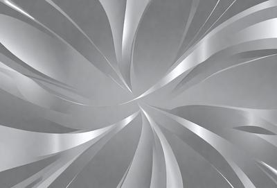 The primary subject of the image is a silver metal surface, which appears to be a metal wall or a metal sculpture. The setting is a gray background, which complements the silver metal surface. The visual style is a close-up of the metal surface, showcasing its intricate details. The colors and mood of the image are predominantly silver and gray, creating a modern and minimalist atmosphere.