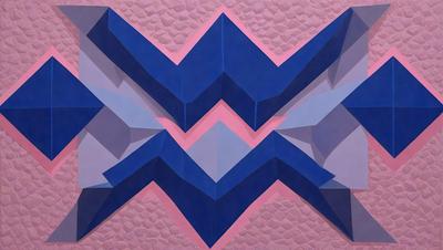The primary subject of the image is a blue and pink geometric pattern. The setting is a pink and blue background, which adds a vibrant and lively atmosphere to the scene. The visual style of the image is a combination of digital art and illustration, creating a unique and eye-catching design. The dominant colors in the image are blue and pink, which evoke a sense of warmth and energy.