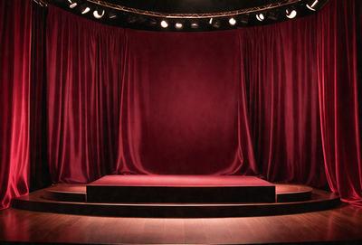 The primary subject of the image is a red curtain, which is the main object, scene, or focus of the image. The setting is a stage, with the curtain covering the stage. The visual style is a photo, and the dominant colors are red and black, creating a dramatic and intense atmosphere.
