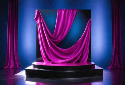 The primary subject of the image is a large, purple curtain. The curtain is draped over a stand, creating a dramatic and eye-catching display. The setting appears to be a stage or a theatrical performance, as the curtain is covering a large portion of the background. The visual style of the image is a combination of photo and digital art, giving it a unique and artistic appearance. The dominant colors in the image are purple and blue, creating a moody and dramatic atmosphere.