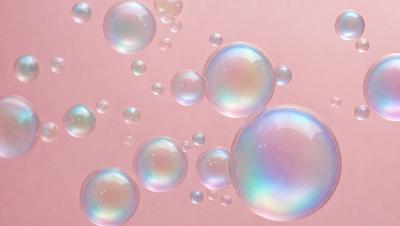 The primary subject of the image is a close-up of a pink background with numerous bubbles floating on it. The bubbles are of various sizes and shapes, creating a visually interesting and dynamic scene. The setting appears to be a pink surface, possibly a wall or a table, with the bubbles floating on top of it. The visual style of the image is a close-up, which emphasizes the details of the bubbles and the pink background. The colors and mood of the image are