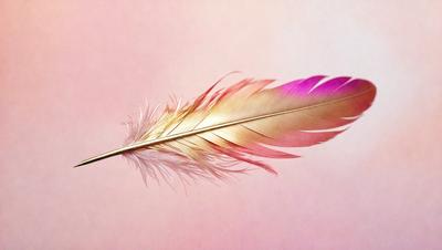 The primary subject of the image is a feather, which is the main object, scene, or focus of the image. The feather is displayed against a pink background, giving it a warm and vibrant appearance. The visual style of the image is a close-up of the feather, showcasing its details and texture. The colors and mood of the image are predominantly pink, creating a sense of warmth and softness.