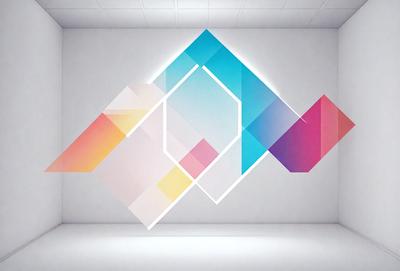 The primary subject of the image is a large, colorful geometric pattern displayed on a white wall. The pattern is composed of various shapes and colors, creating a visually striking and vibrant display. The setting is a white wall, which serves as a clean and uncluttered backdrop for the pattern. The visual style of the image is a combination of digital art and illustration, showcasing the intricate details and vivid colors of the geometric pattern. The overall atmosphere of the image is lively and engaging, with