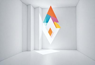 The primary subject of the image is a three-dimensional geometric shape, which appears to be a cube or a pyramid. The shape is displayed in a white room, giving it a clean and minimalist appearance. The visual style of the image is digital art, as it is a computer-generated representation of the geometric shape. The dominant colors in the image are white, which creates a bright and clean atmosphere, and the geometric shape itself, which can be any color depending on the specific design.
