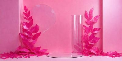 The primary subject of the image is a tall, clear glass vase. The setting is a pink background, which creates a warm and inviting atmosphere. The visual style is a close-up of the vase, showcasing its details. The colors and mood of the image are predominantly pink, giving it a feminine and elegant appearance.