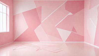 The primary subject of the image is a pink wall with a geometric pattern on it. The setting is a room with a white floor, and the visual style appears to be a combination of digital art and illustration. The dominant colors are pink and white, creating a warm and inviting atmosphere.