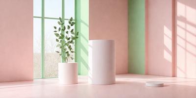 The primary subject of the image is a white vase placed on a pink table. The vase is positioned in front of a window, which allows natural light to illuminate the scene. The setting appears to be a room with a pink wall, and the visual style is a realistic representation of the vase and its surroundings. The colors and mood of the image are predominantly pink and white, creating a warm and inviting atmosphere.