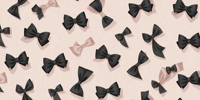 The primary subject of the image is a collection of black and pink bow ties. The setting is a pink background, which adds a contrasting color to the scene. The visual style is a combination of digital art and illustration, creating a unique and eye-catching pattern. The colors and mood of the image are predominantly black and pink, giving it a bold and stylish appearance.