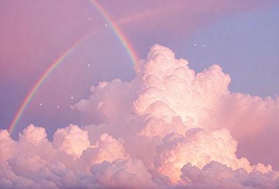 The primary subject of the image is a cloudy sky with a pink hue. The setting is a beautiful, colorful cloudy sky, and the visual style is a combination of photo and digital art. The colors and mood of the image are vibrant and serene, creating a sense of wonder and tranquility.