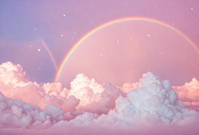 The primary subject of the image is a rainbow, which is set against a pink sky. The visual style of the image is a digital art or illustration, creating a whimsical and dreamy atmosphere. The colors and mood of the image are predominantly pink and purple, giving it a soft and serene appearance.