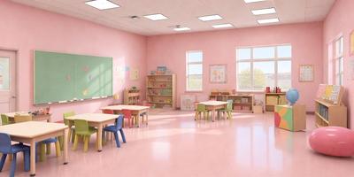 Primary subject: A classroom with a pink color scheme.

Setting/background: The classroom is filled with various furniture, including chairs, a table, and a bookshelf. The walls are painted pink, and there are windows in the room.

Visual style: The image is a digital art or illustration of a classroom.

Colors and mood: The room has a warm and inviting atmosphere, with the pink walls and furniture creating a cozy and cheerful environment
