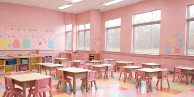 Primary subject: A classroom with pink walls and tables.

Setting/background: The classroom is filled with tables and chairs, and there are windows in the background.

Visual style: The image is a photo of a classroom.

Colors and mood: The classroom has a pink color scheme, giving it a warm and inviting atmosphere.