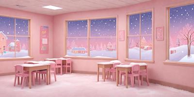 The primary subject of the image is a classroom with a pink color scheme. The setting includes a window with a view of a snowy landscape, and the background features a pink wall. The visual style is a combination of photo and digital art, creating a unique and vibrant atmosphere. The colors and mood of the scene are predominantly pink, giving the room a warm and inviting feel.