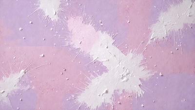 The primary subject of the image is a white paint splatter on a purple background. The setting is a purple wall, and the visual style appears to be a painting or drawing. The colors and mood of the image are predominantly purple and white, creating a clean and artistic atmosphere.