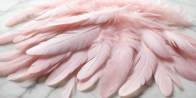 The primary subject of the image is a close-up of a pink feather. The setting is a white surface, possibly a marble table. The visual style is a photo, showcasing the intricate details of the feather. The colors and mood of the image are predominantly pink, creating a soft and delicate atmosphere.