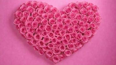 The primary subject of the image is a heart-shaped arrangement of pink roses. The heart is filled with numerous pink roses, creating a visually appealing and romantic display. The setting is a pink background, which complements the vibrant color of the roses. The visual style of the image is a close-up of the heart, emphasizing the details of the roses and their arrangement. The colors and mood of the image are predominantly pink, evoking feelings of love,