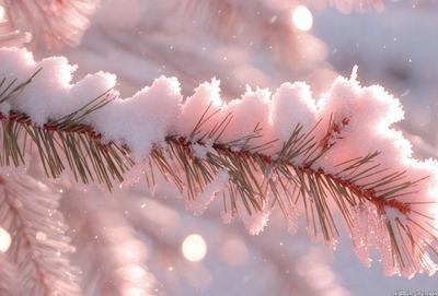 The primary subject of the image is a snow-covered pine tree branch. The setting is a snowy environment, with the branch being the main focus of the image. The visual style is a photo, capturing the beauty of the snow-covered branch. The colors and mood of the image are predominantly pink and white, creating a serene and peaceful atmosphere.
