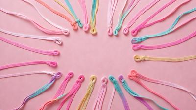 The primary subject of the image is a collection of colorful ribbons, which are arranged in a circular pattern on a pink surface. The ribbons come in various colors, creating a vibrant and lively scene. The visual style of the image is a close-up of the ribbons, showcasing their intricate patterns and textures. The colors and mood of the image are predominantly pink and cheerful, evoking a sense of warmth and happiness.