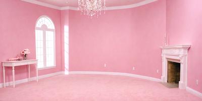 The primary subject of the image is a large, empty room with a pink wall. The room appears to be a living room or a dining room, as it is spacious and has a chandelier hanging from the ceiling. The setting is a residential space, and the visual style is a photo. The dominant colors in the image are pink and white, creating a warm and inviting atmosphere.