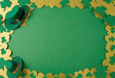 The primary subject of the image is a green background with a gold frame, featuring a picture of a hat and a shamrock. The setting is a green background with a gold frame, and the visual style is a combination of a photo and digital art. The colors and mood of the image are predominantly green and gold, creating a festive and celebratory atmosphere.