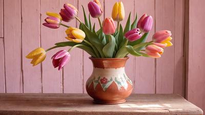 The primary subject of the image is a vase filled with a variety of colorful tulips. The vase is placed on a wooden table, which serves as the setting for the scene. The visual style of the image is a close-up of the vase and flowers, showcasing the vibrant colors and details of the tulips. The overall atmosphere of the image is cheerful and lively, as the tulips bring a sense of freshness and natural beauty to the scene.