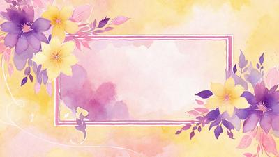 The primary subject of the image is a watercolor painting featuring a yellow background with a purple border. The painting showcases a beautiful flower arrangement, with a variety of flowers in different colors. The setting is a watercolor painting, which gives it a unique and artistic visual style. The colors and mood of the painting are vibrant and lively, with the yellow background providing a warm and inviting atmosphere.