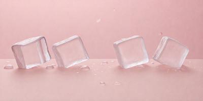 The primary subject of the image is a close-up of three small, clear, and frozen cubes of ice. The setting is a pink background, which adds a contrasting color to the scene. The visual style is a photo, capturing the details of the ice cubes. The colors and mood of the image are predominantly pink, creating a warm and inviting atmosphere.