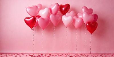 The primary subject of the image is a group of pink heart-shaped balloons. They are hanging from the ceiling, creating a visually appealing and playful atmosphere. The setting is a pink background, which complements the color of the balloons. The visual style of the image is a photo, capturing the heart-shaped balloons in their natural environment. The colors and mood of the image are predominantly pink, creating a warm and cheerful ambiance.
