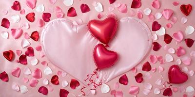 The primary subject of the image is a heart-shaped balloon with a broken heart on it. The heart-shaped balloon is pink and is placed on a pink background. The visual style of the image is a photo, and the colors and mood are predominantly pink, creating a warm and romantic atmosphere.