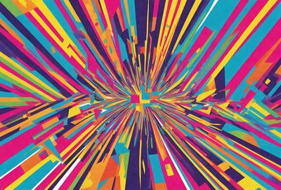 The primary subject of the image is a brightly colored, abstract artwork featuring a colorful explosion. The setting is a colorful background, and the visual style is a combination of digital art and illustration. The dominant colors in the image are a mix of vibrant hues, creating a lively and energetic atmosphere.